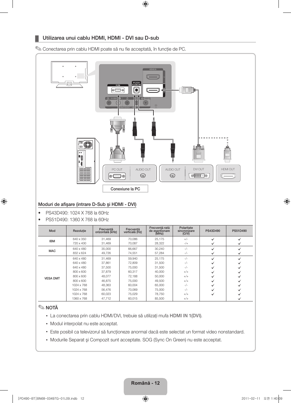 Utilizarea unui cablu hdmi, hdmi - dvi sau d-sub | Samsung PS43D490A1W User Manual | Page 140 / 166
