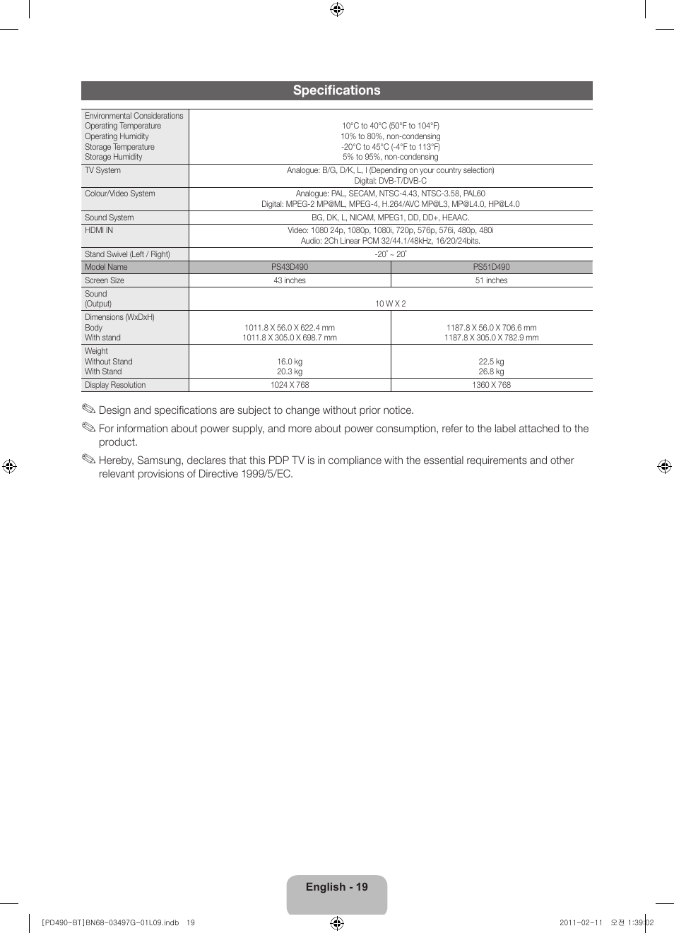 Specifications | Samsung PS43D490A1W User Manual | Page 19 / 166