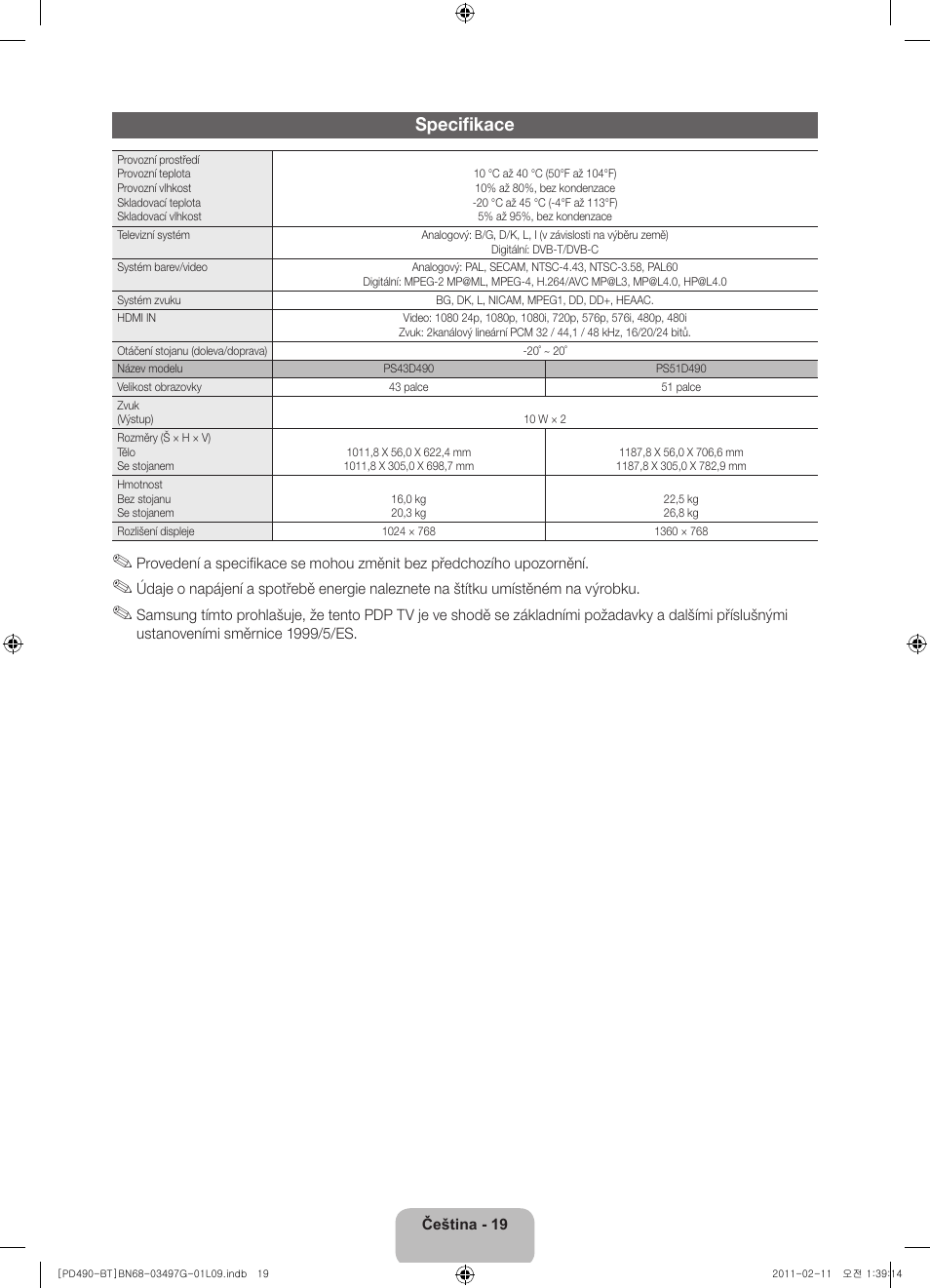 Specifikace | Samsung PS43D490A1W User Manual | Page 39 / 166