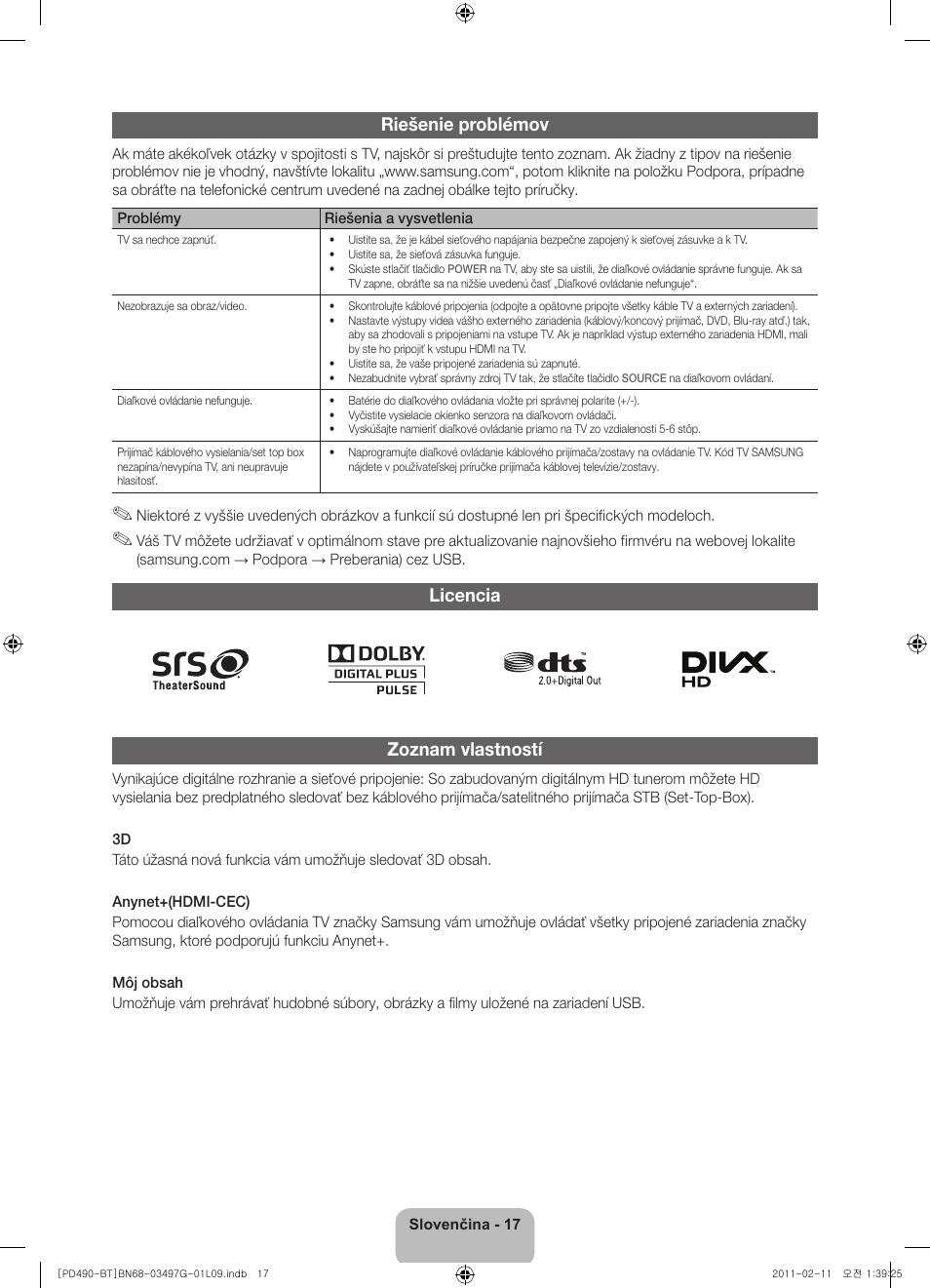 Riešenie problémov, Licencia zoznam vlastností | Samsung PS43D490A1W User Manual | Page 55 / 166