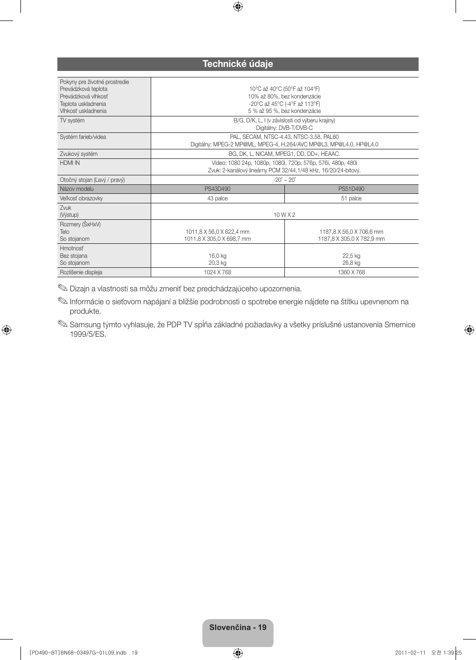 Technické údaje | Samsung PS43D490A1W User Manual | Page 57 / 166