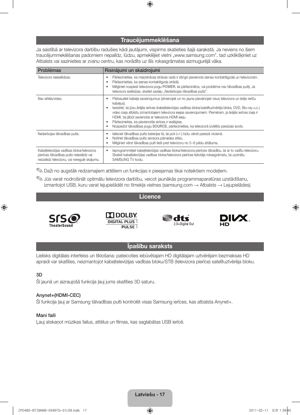 Traucējummeklēšana, Licence īpašību saraksts | Samsung PS43D490A1W User Manual | Page 91 / 166