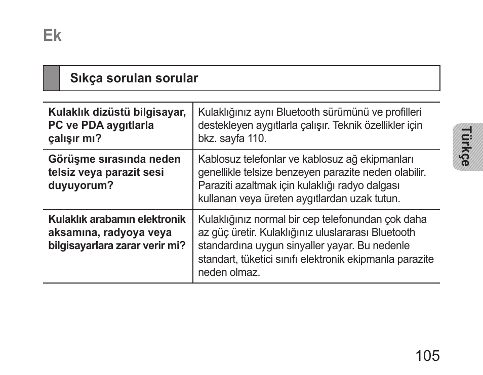 Sıkça sorulan sorular | Samsung HM6400 User Manual | Page 107 / 187