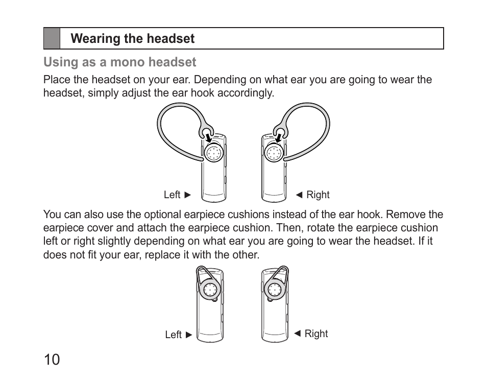 Wearing the headset, Wearing the headset using as a mono headset | Samsung HM6400 User Manual | Page 12 / 187