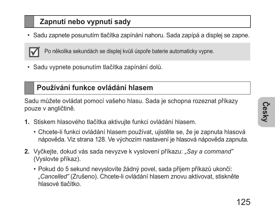 Zapnutí nebo vypnutí sady, Používání funkce ovládání hlasem | Samsung HM6400 User Manual | Page 127 / 187