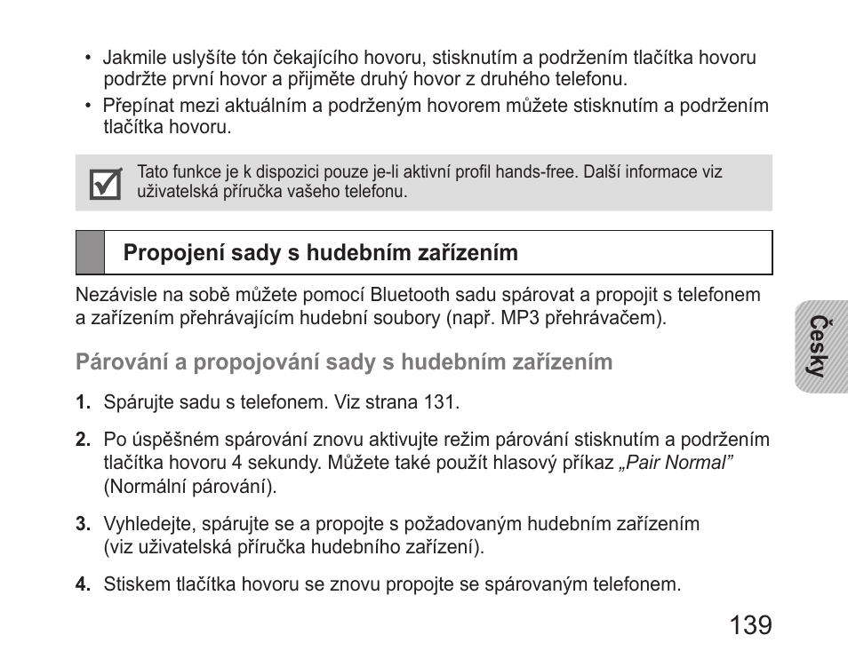 Propojení sady s hudebním zařízením | Samsung HM6400 User Manual | Page 141 / 187