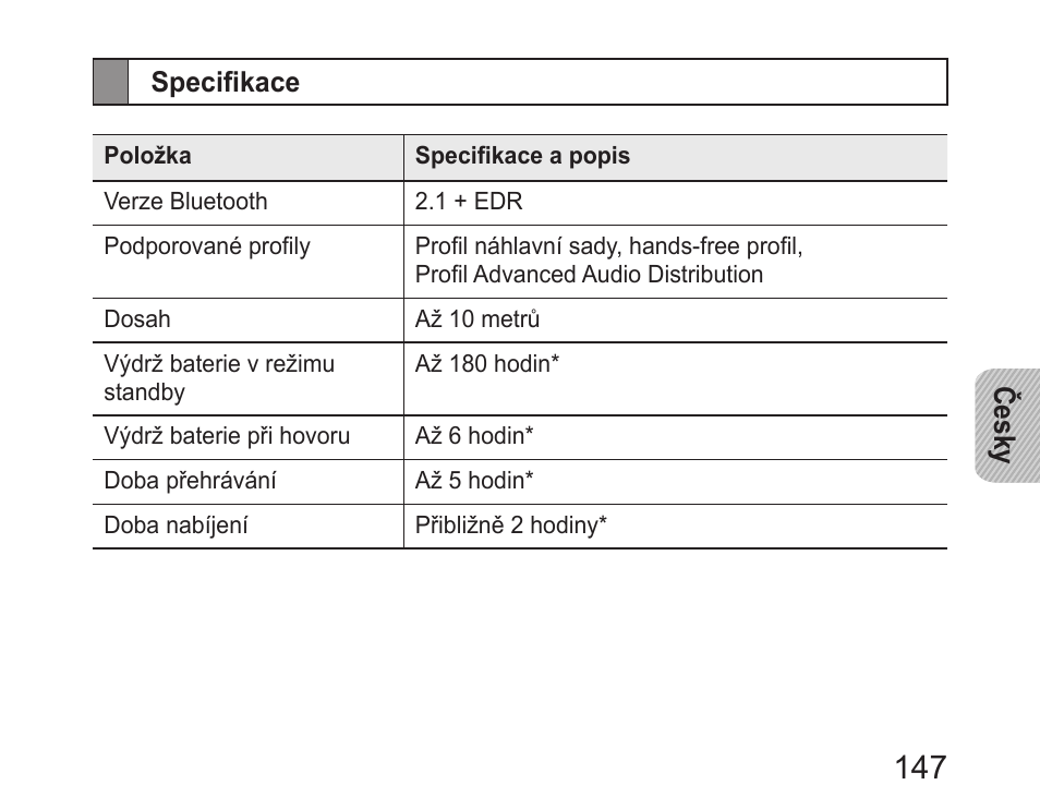 Specifikace | Samsung HM6400 User Manual | Page 149 / 187