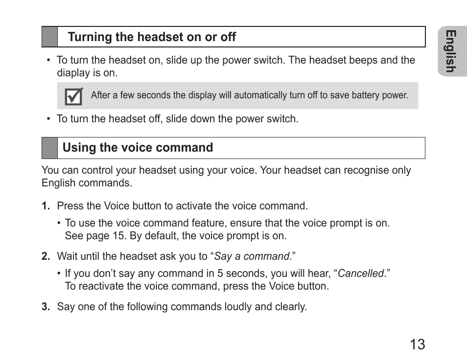 Turning the headset on or off, Using the voice command | Samsung HM6400 User Manual | Page 15 / 187