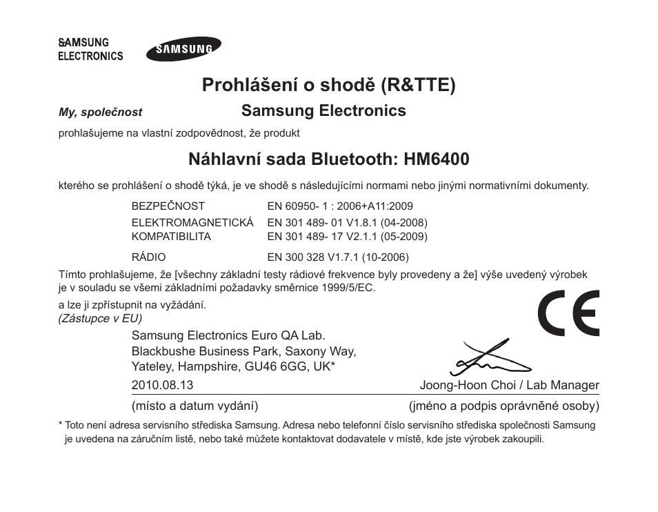 Prohlášení o shodě (r&tte), Náhlavní sada bluetooth: hm6400, Samsung electronics | Samsung HM6400 User Manual | Page 150 / 187