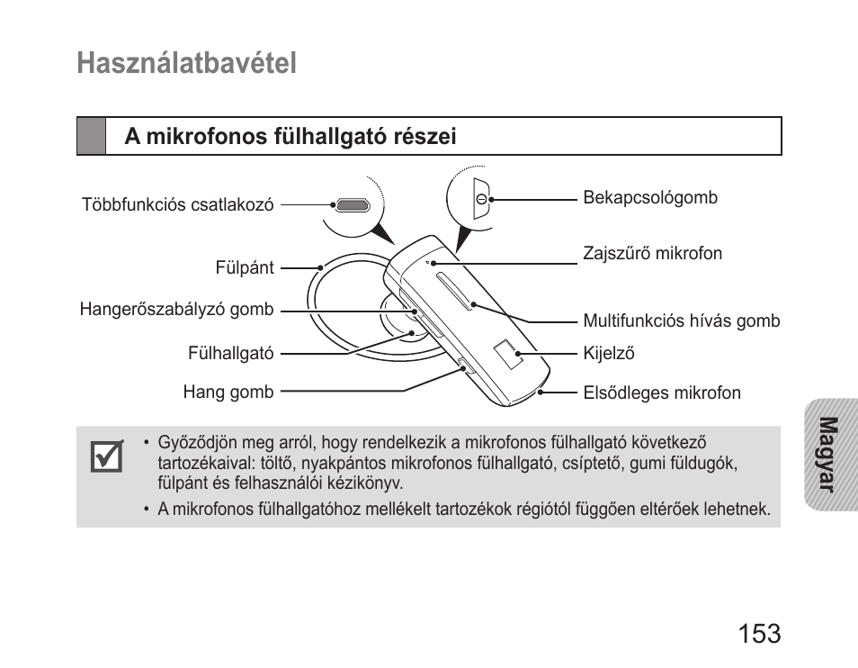 Használatbavétel, A mikrofonos fülhallgató részei | Samsung HM6400 User Manual | Page 155 / 187
