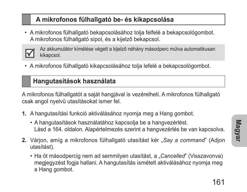 A mikrofonos fülhallgató be- és kikapcsolása, Hangutasítások használata | Samsung HM6400 User Manual | Page 163 / 187