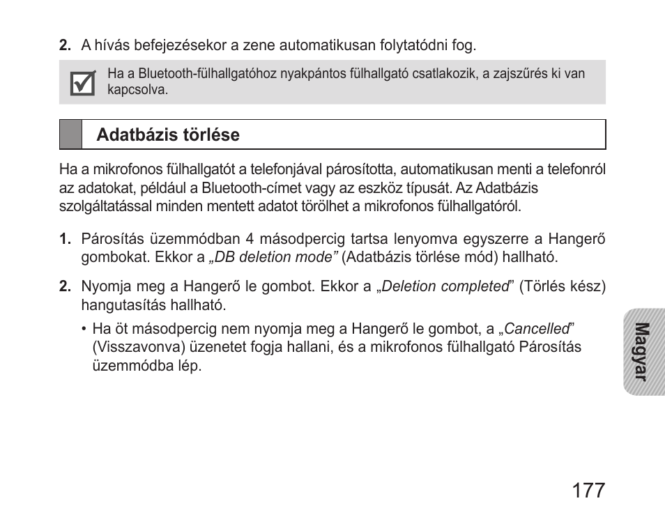 Adatbázis törlése | Samsung HM6400 User Manual | Page 179 / 187