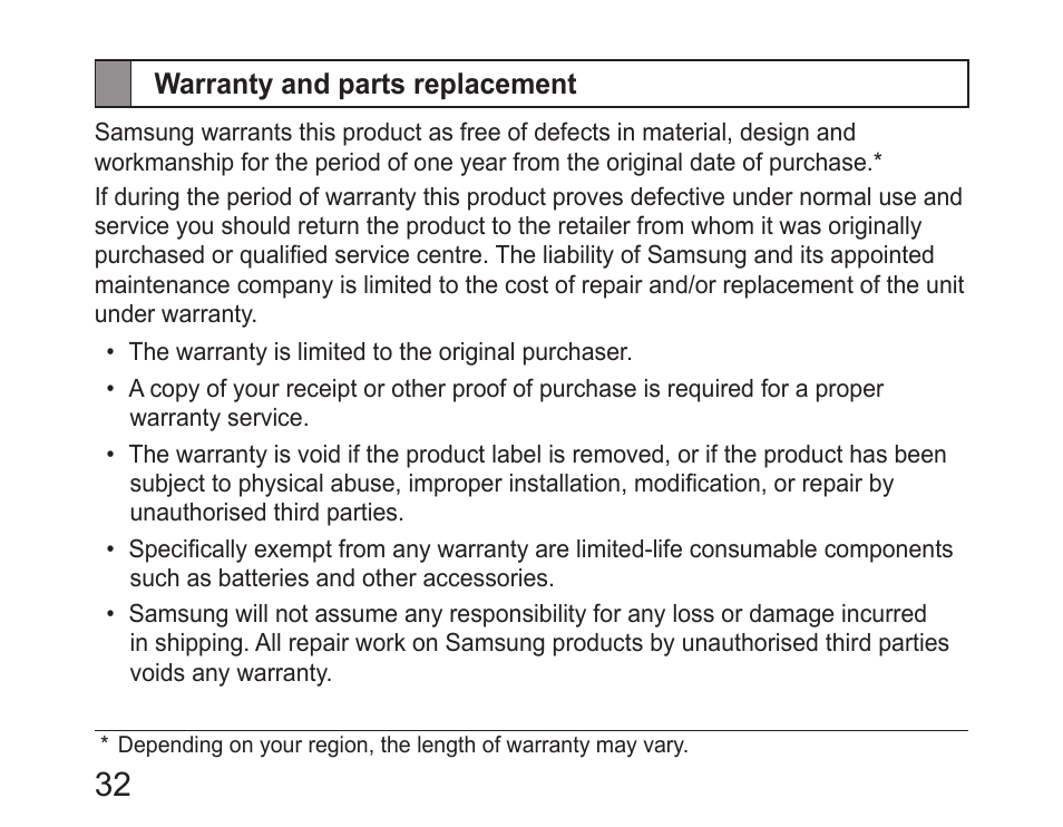 Warranty and parts replacement | Samsung HM6400 User Manual | Page 34 / 187