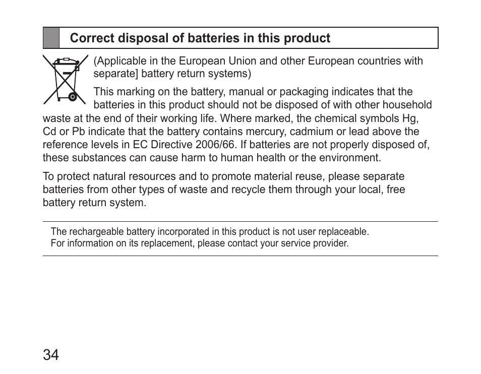 Correct disposal of batteries in this product | Samsung HM6400 User Manual | Page 36 / 187