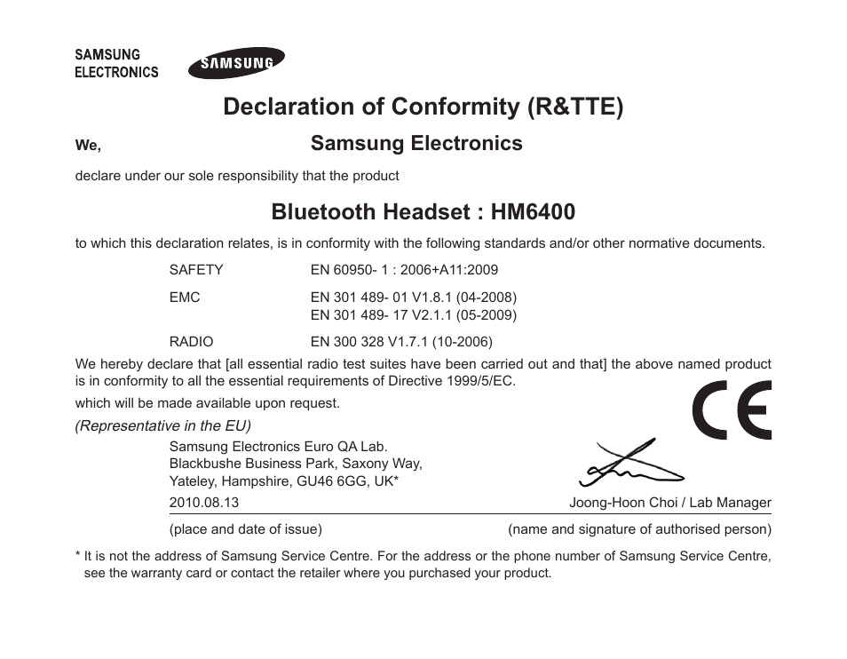 Declaration of conformity (r&tte), Bluetooth headset : hm6400, Samsung electronics | Samsung HM6400 User Manual | Page 38 / 187