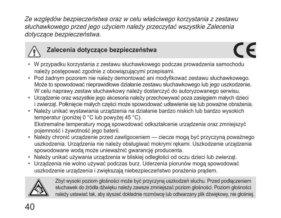 Zalecenia dotyczące bezpieczeństwa | Samsung HM6400 User Manual | Page 42 / 187