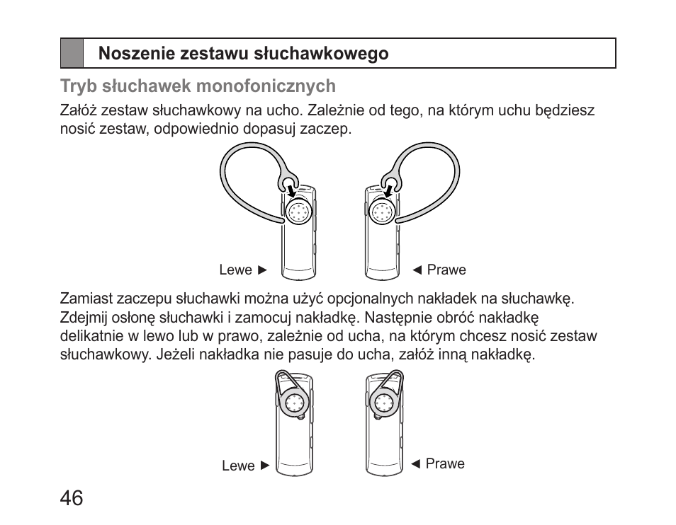 Noszenie zestawu słuchawkowego | Samsung HM6400 User Manual | Page 48 / 187
