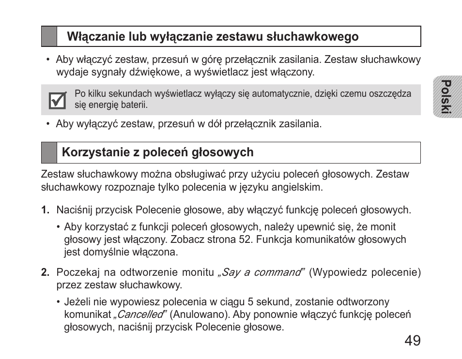 Włączanie lub wyłączanie zestawu słuchawkowego, Korzystanie z poleceń głosowych | Samsung HM6400 User Manual | Page 51 / 187