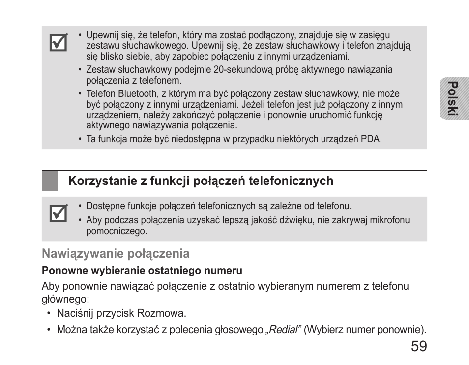 Korzystanie z funkcji połączeń telefonicznych, Polski, Nawiązywanie połączenia | Samsung HM6400 User Manual | Page 61 / 187