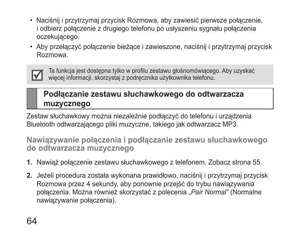 Podłączanie zestawu słuchawkowego do odtwarzacza, Muzycznego | Samsung HM6400 User Manual | Page 66 / 187