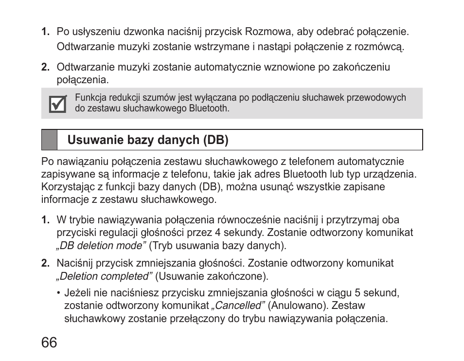 Usuwanie bazy danych (db) | Samsung HM6400 User Manual | Page 68 / 187