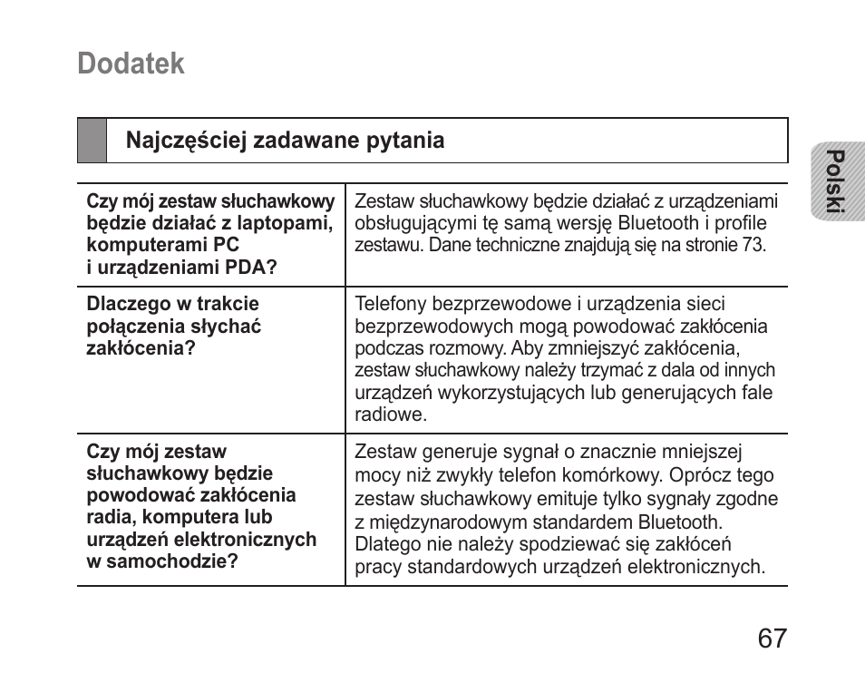 Dodatek, Najczęściej zadawane pytania | Samsung HM6400 User Manual | Page 69 / 187