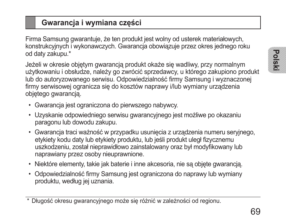 Gwarancja i wymiana części | Samsung HM6400 User Manual | Page 71 / 187