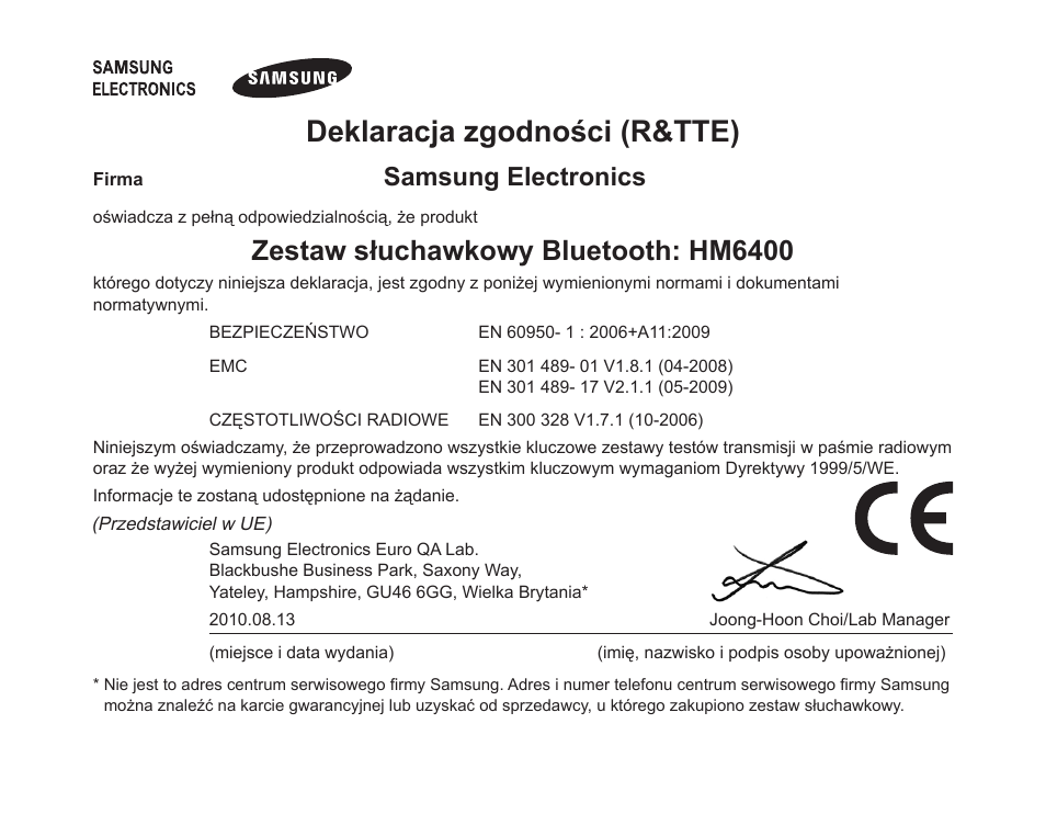 Deklaracja zgodności (r&tte), Zestaw słuchawkowy bluetooth: hm6400, Samsung electronics | Samsung HM6400 User Manual | Page 76 / 187