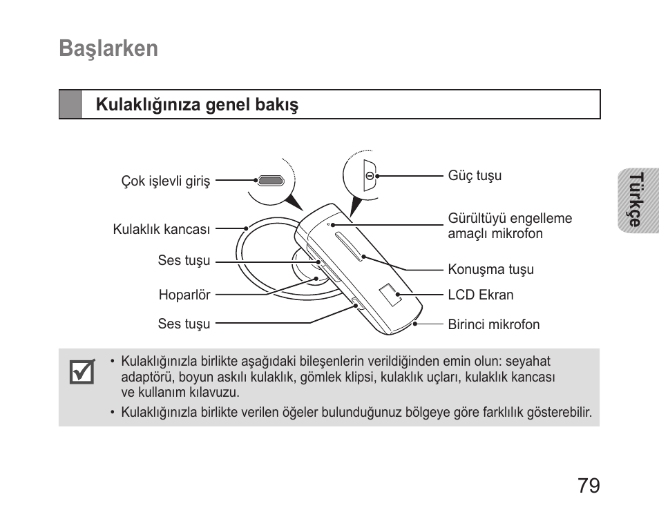 Başlarken, Kulaklığınıza genel bakış, Türkçe | Samsung HM6400 User Manual | Page 81 / 187