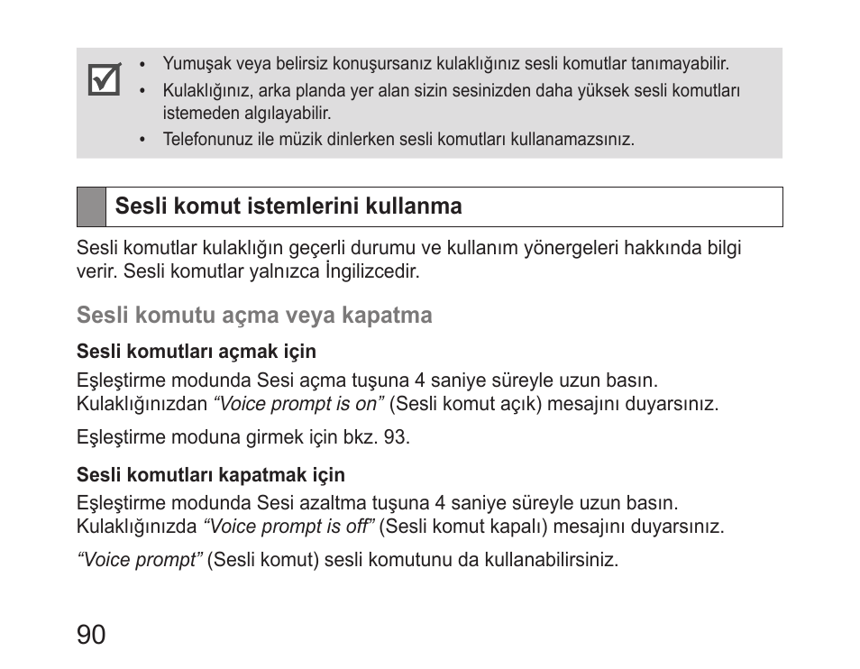 Sesli komut istemlerini kullanma | Samsung HM6400 User Manual | Page 92 / 187