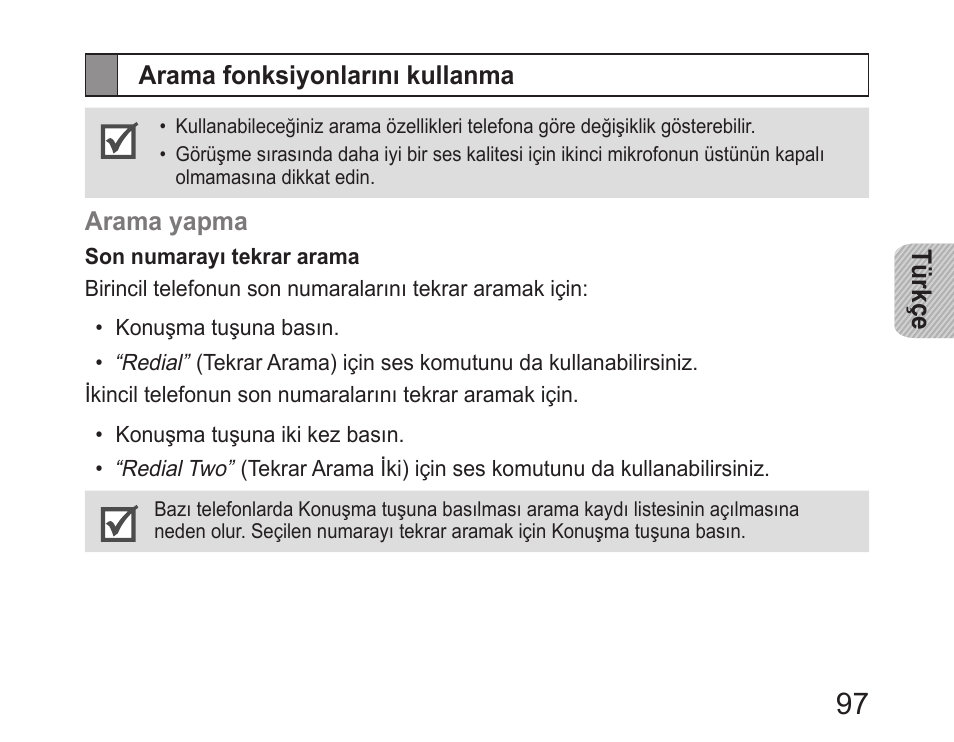 Arama fonksiyonlarını kullanma | Samsung HM6400 User Manual | Page 99 / 187