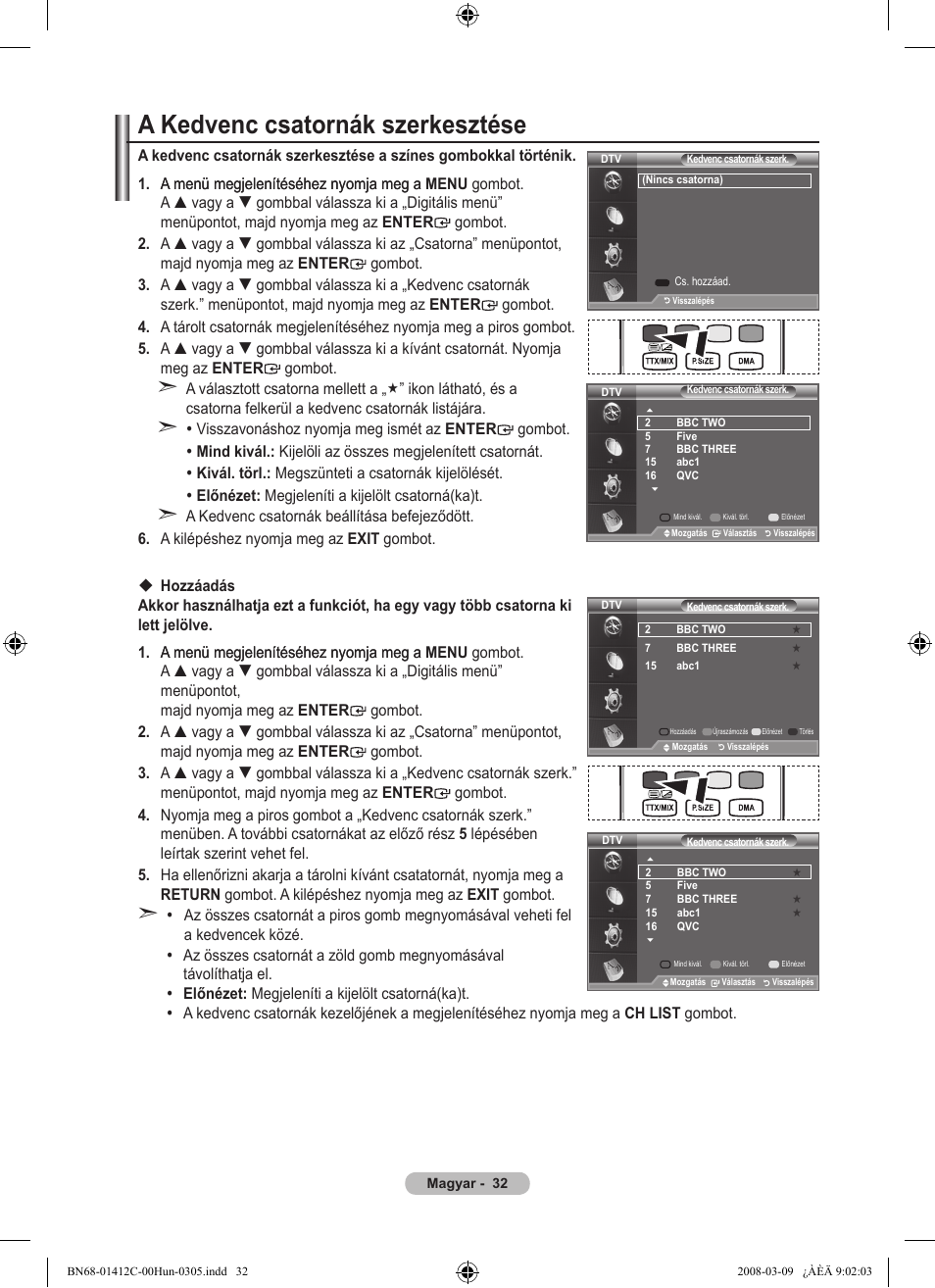A kedvenc csatornák szerkesztése | Samsung LE37A656A1F User Manual | Page 102 / 614