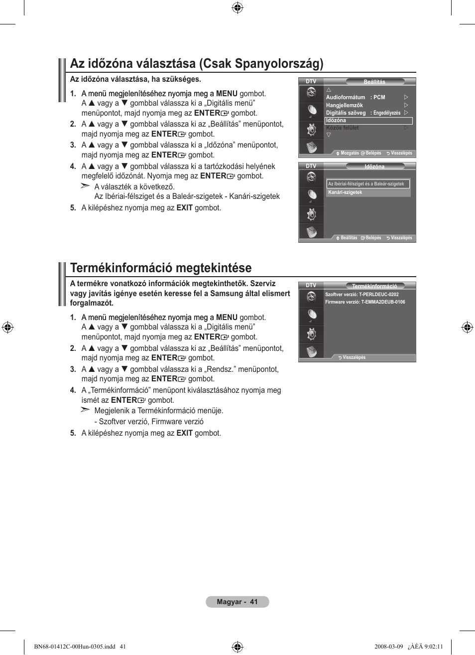 Az időzóna választása (csak spanyolország), Termékinformáció megtekintése | Samsung LE37A656A1F User Manual | Page 111 / 614