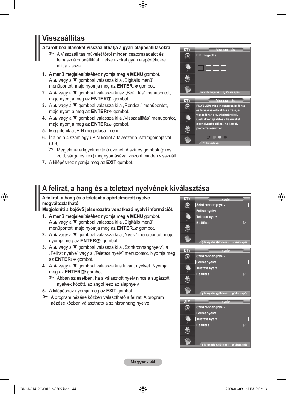 Visszaállítás | Samsung LE37A656A1F User Manual | Page 114 / 614