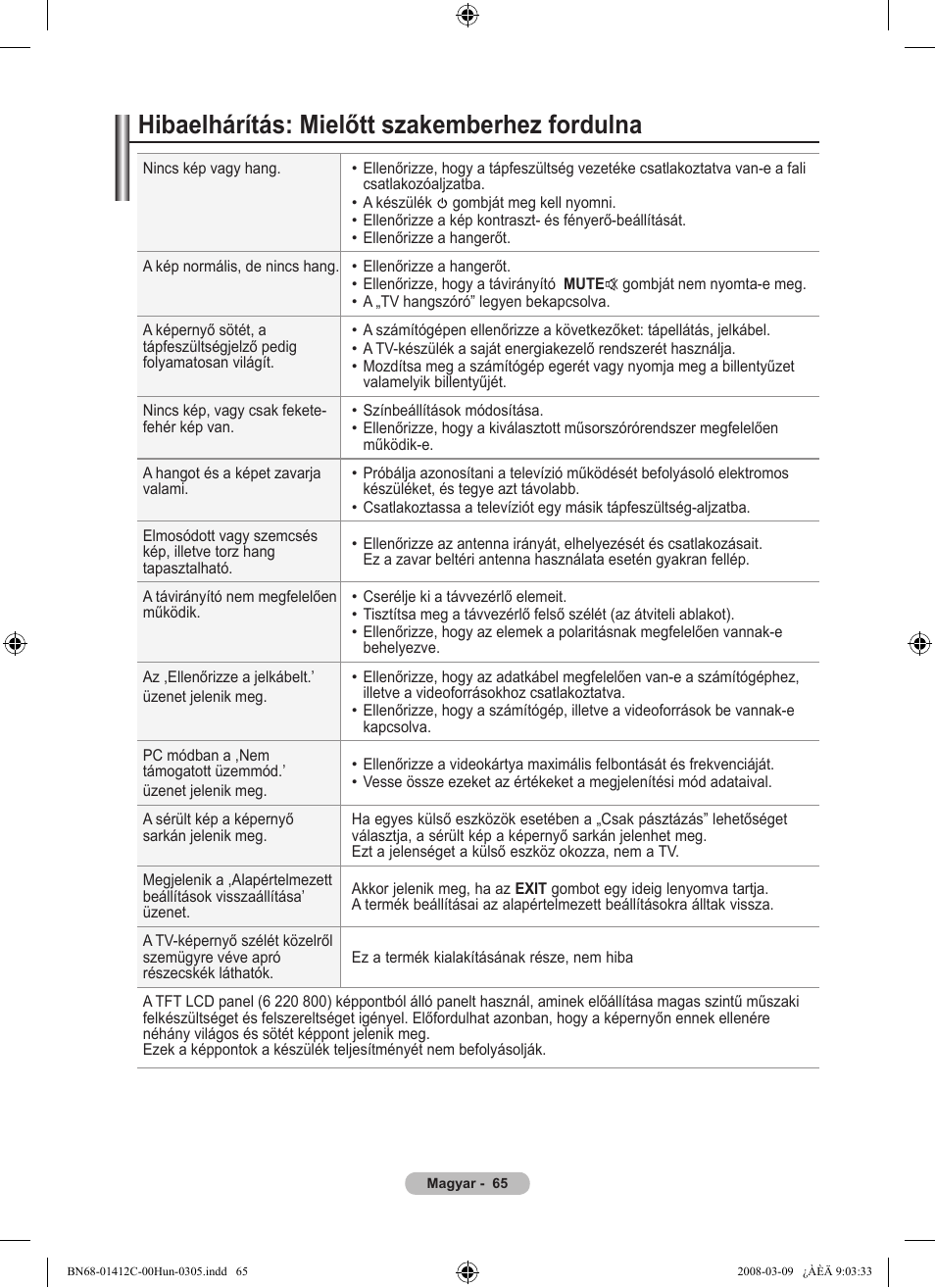 Hibaelhárítás: mielőtt szakemberhez fordulna | Samsung LE37A656A1F User Manual | Page 135 / 614