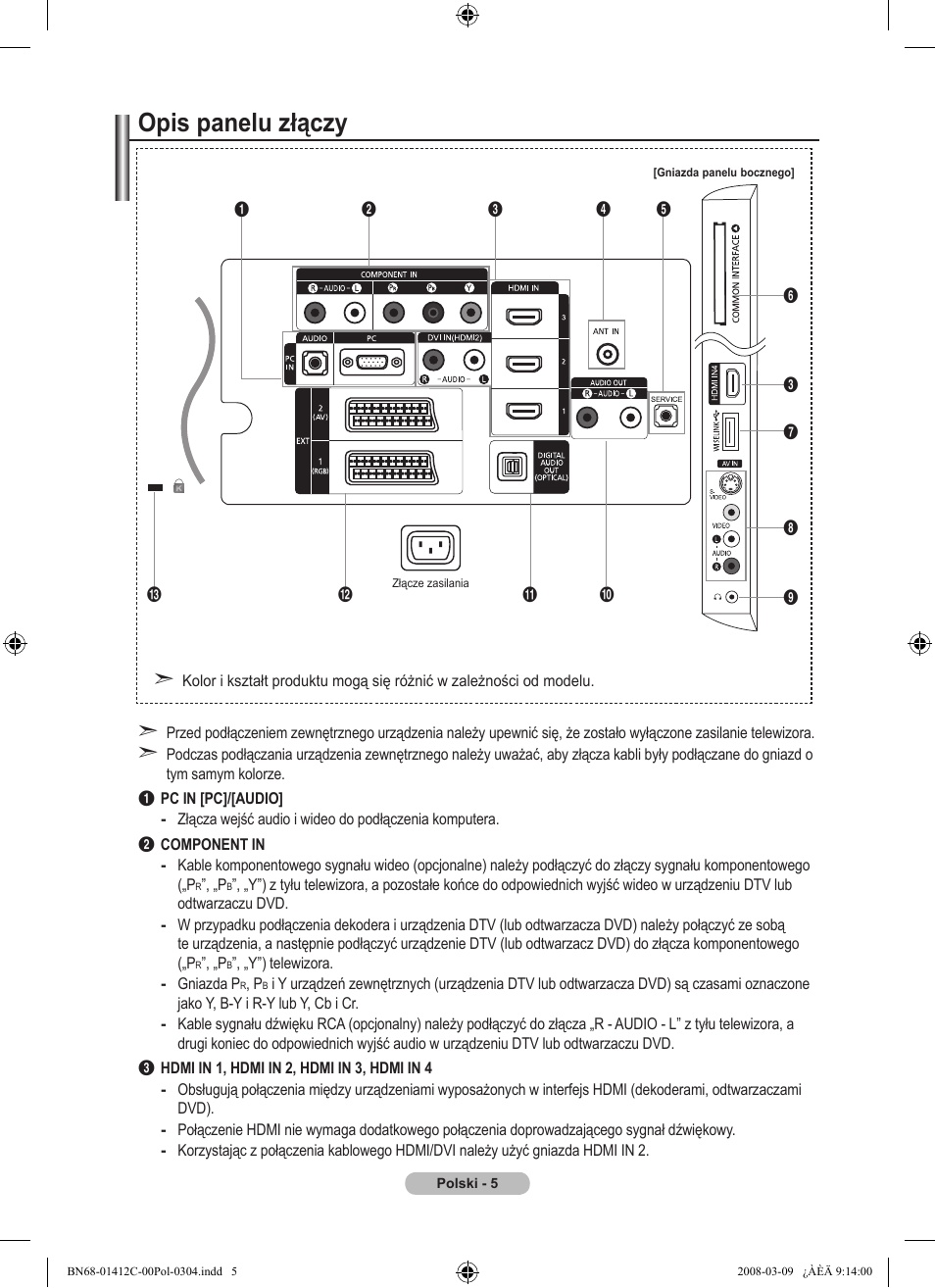 Opis panelu złączy | Samsung LE37A656A1F User Manual | Page 143 / 614
