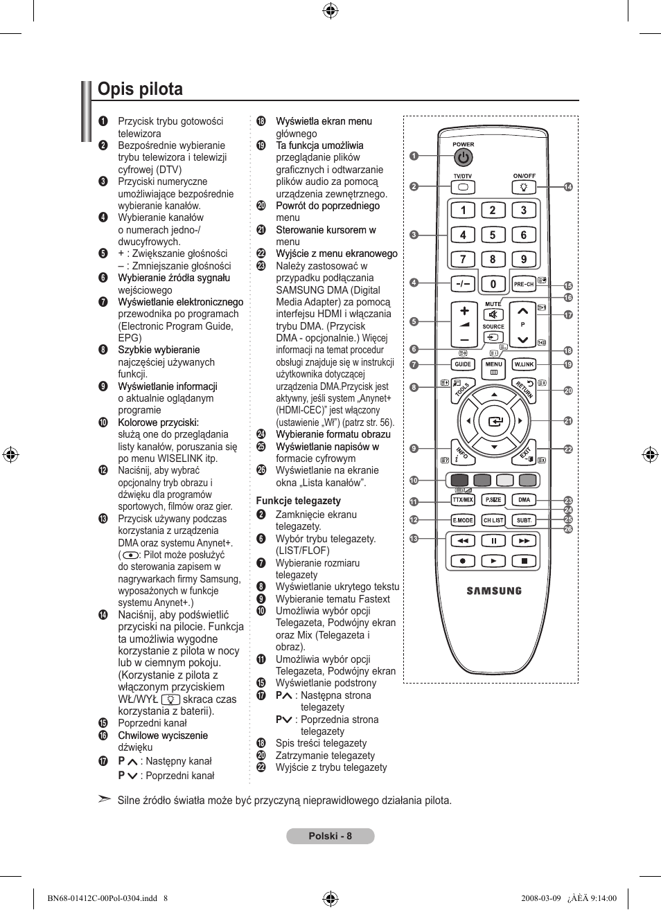 Opis pilota | Samsung LE37A656A1F User Manual | Page 146 / 614