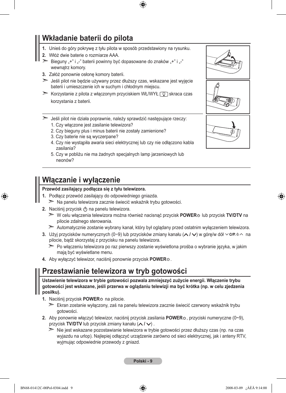 Wkładanie baterii do pilota, Włączanie i wyłączenie, Przestawianie telewizora w tryb gotowości | Samsung LE37A656A1F User Manual | Page 147 / 614