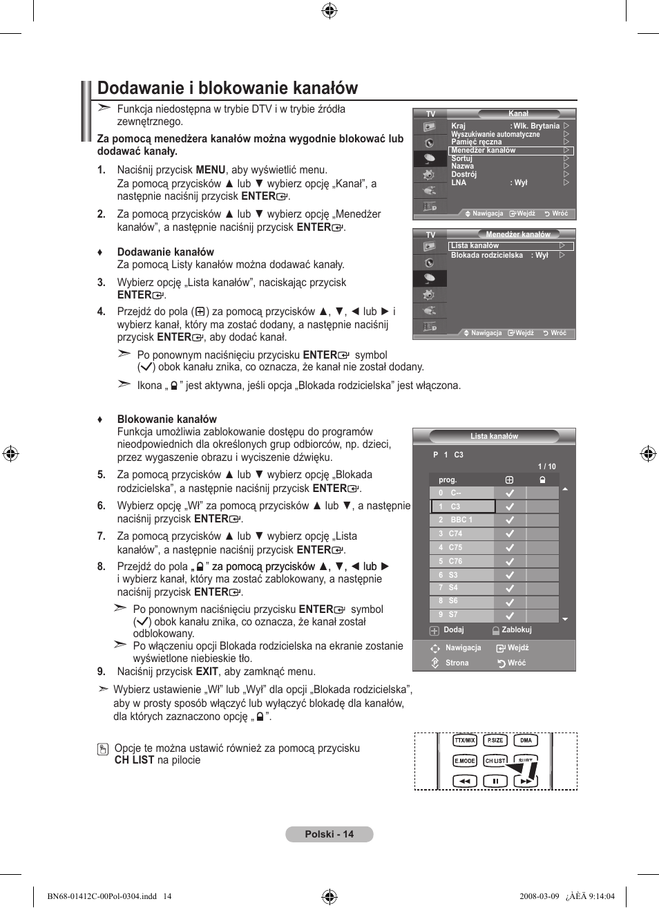 Dodawanie i blokowanie kanałów | Samsung LE37A656A1F User Manual | Page 152 / 614