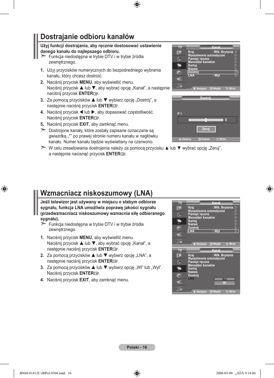 Dostrajanie odbioru kanałów, Wzmacniacz niskoszumowy (lna) | Samsung LE37A656A1F User Manual | Page 154 / 614
