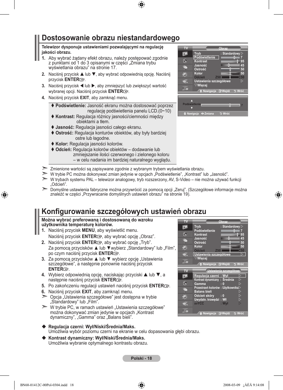Dostosowanie obrazu niestandardowego, Konfigurowanie szczegółowych ustawień obrazu | Samsung LE37A656A1F User Manual | Page 156 / 614