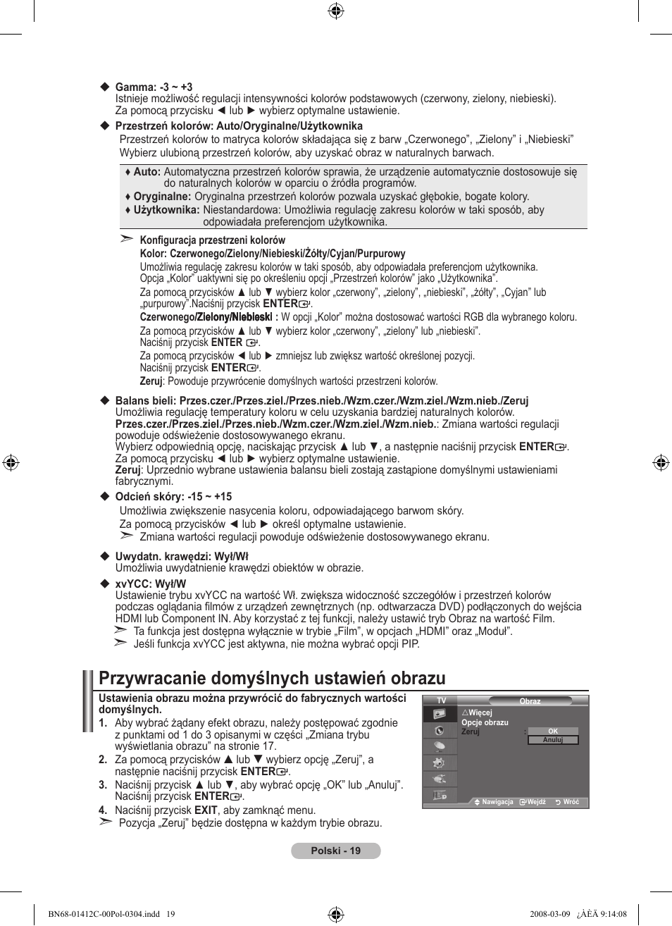 Przywracanie domyślnych ustawień obrazu | Samsung LE37A656A1F User Manual | Page 157 / 614