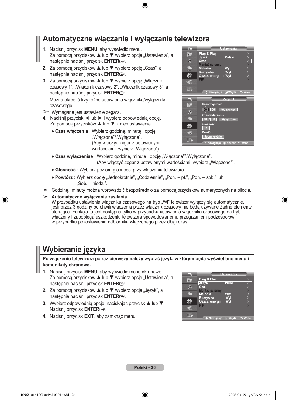 Automatyczne włączanie i wyłączanie telewizora, Wybieranie języka | Samsung LE37A656A1F User Manual | Page 164 / 614