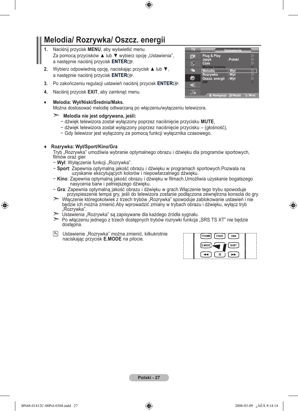 Melodia/ rozrywka/ oszcz. energii | Samsung LE37A656A1F User Manual | Page 165 / 614
