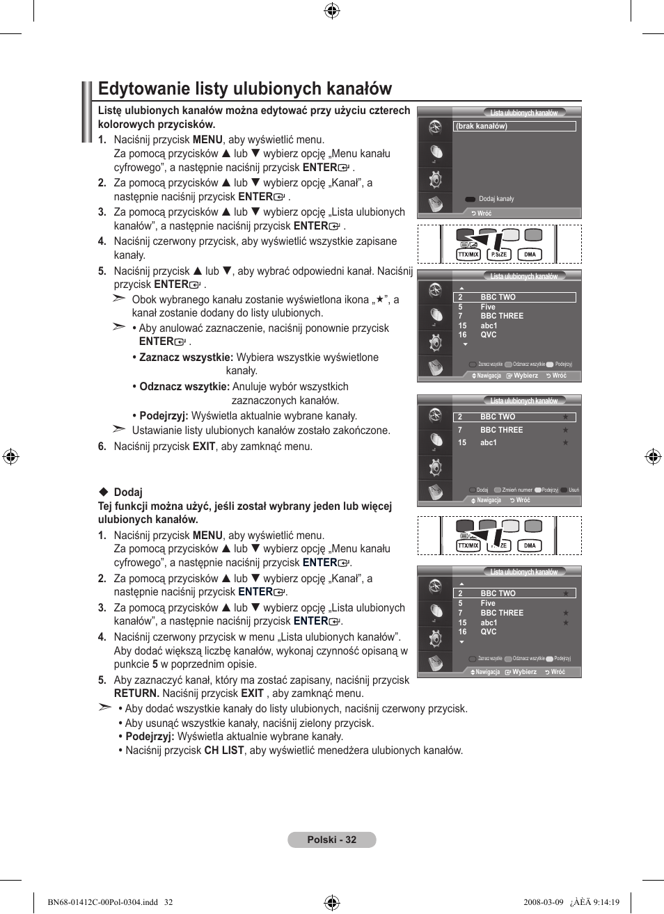 Edytowanie listy ulubionych kanałów | Samsung LE37A656A1F User Manual | Page 170 / 614