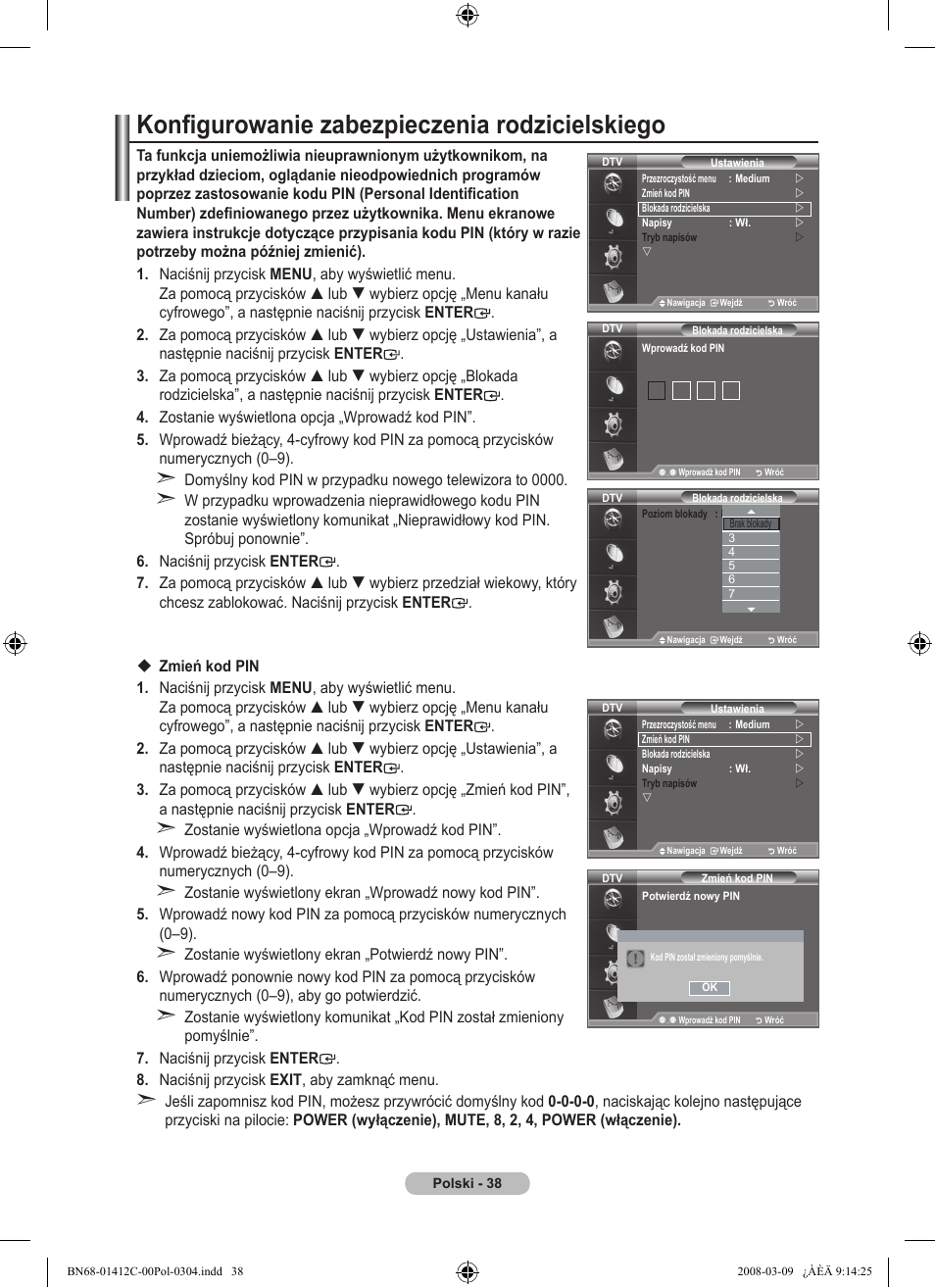 Konfigurowanie zabezpieczenia rodzicielskiego | Samsung LE37A656A1F User Manual | Page 176 / 614