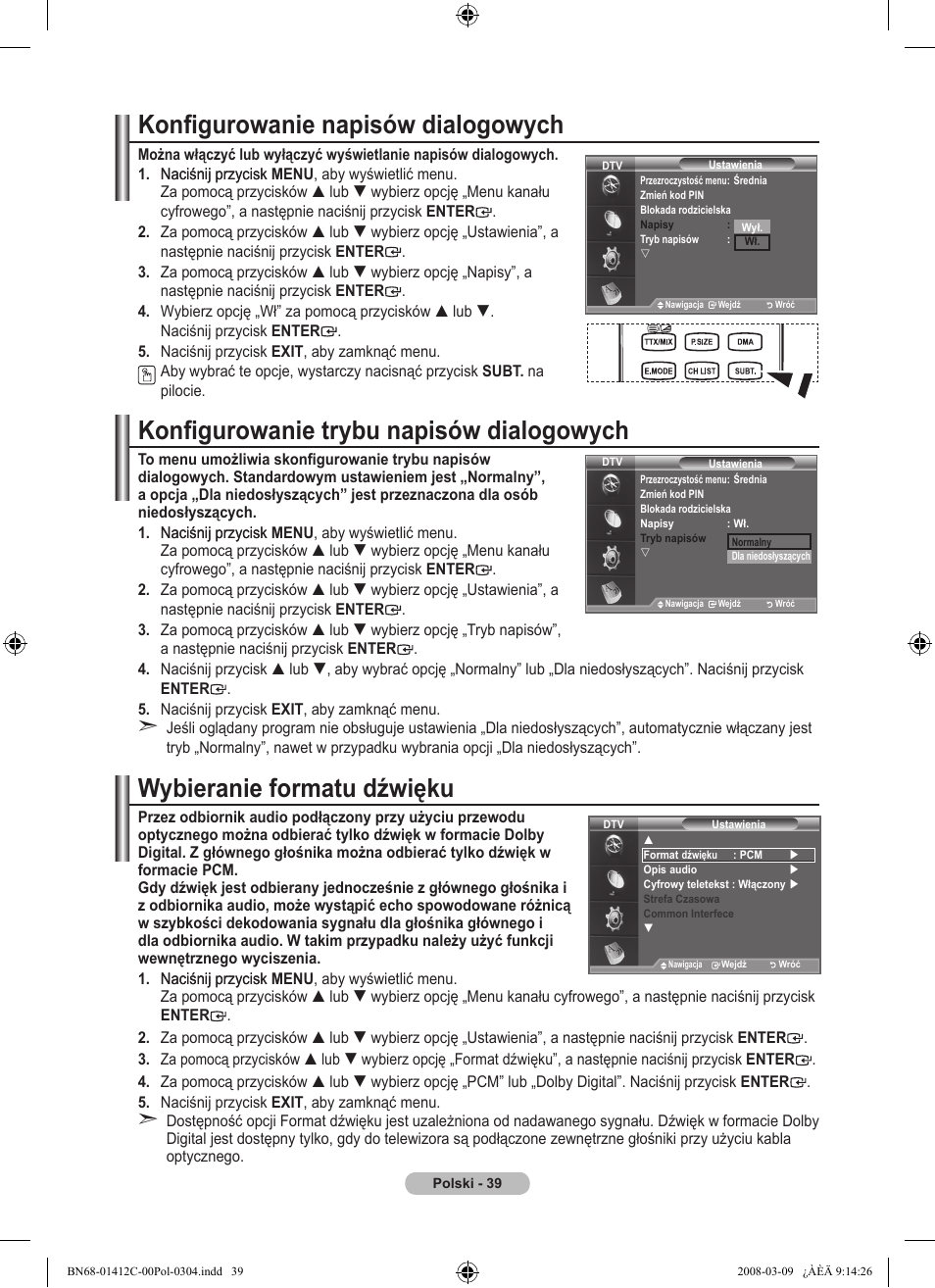 Konfigurowanie napisów dialogowych, Konfigurowanie trybu napisów dialogowych, Wybieranie formatu dźwięku | Samsung LE37A656A1F User Manual | Page 177 / 614
