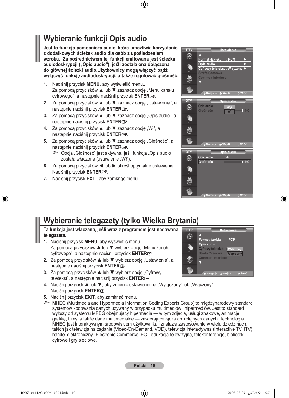 Wybieranie funkcji opis audio, Wybieranie telegazety (tylko wielka brytania) | Samsung LE37A656A1F User Manual | Page 178 / 614