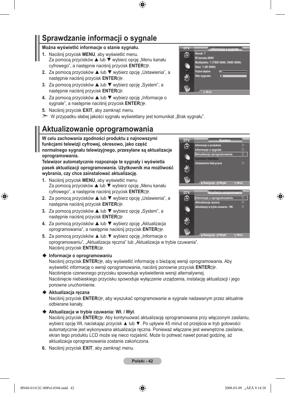 Sprawdzanie informacji o sygnale, Aktualizowanie oprogramowania | Samsung LE37A656A1F User Manual | Page 180 / 614