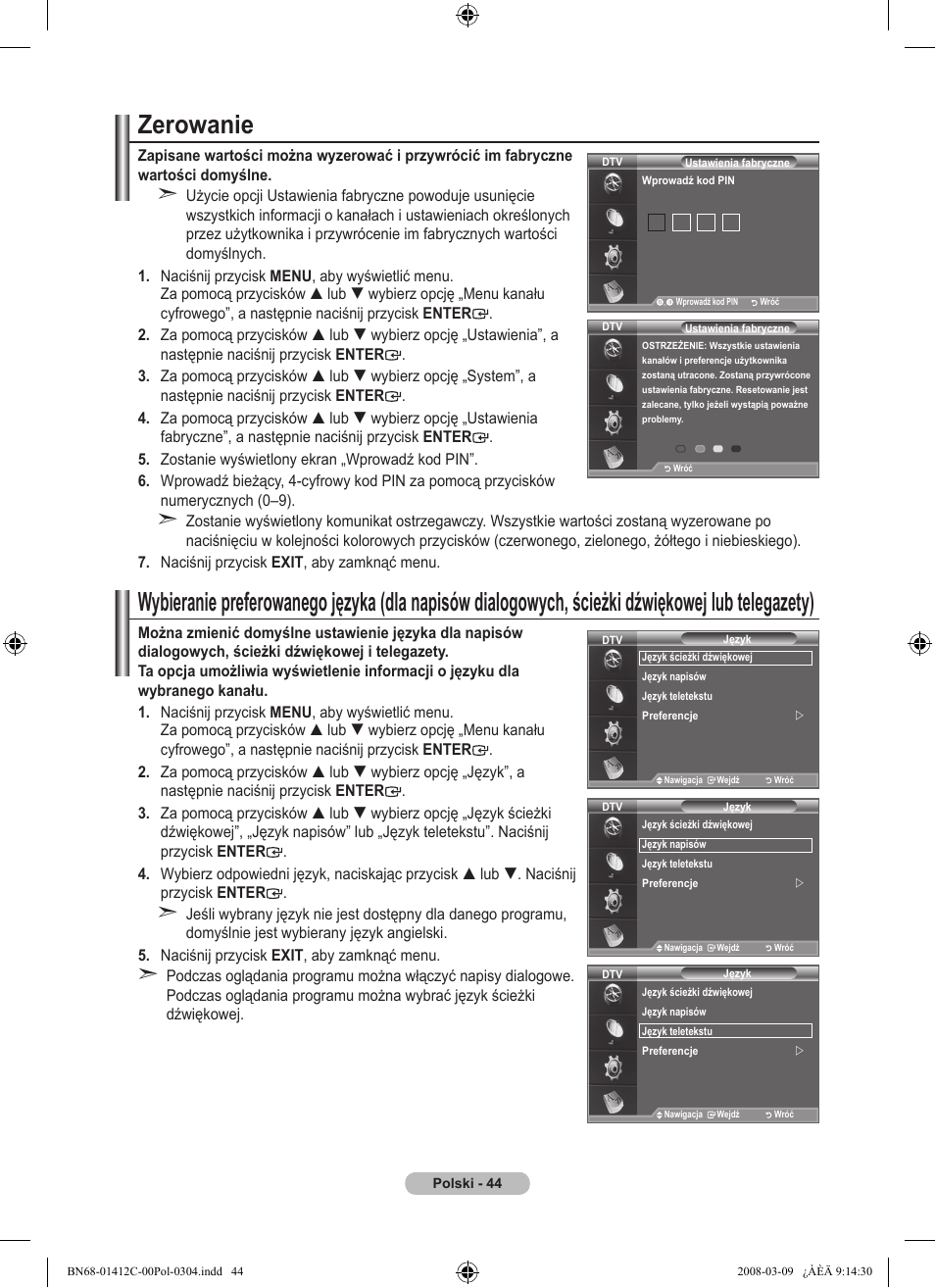 Zerowanie | Samsung LE37A656A1F User Manual | Page 182 / 614